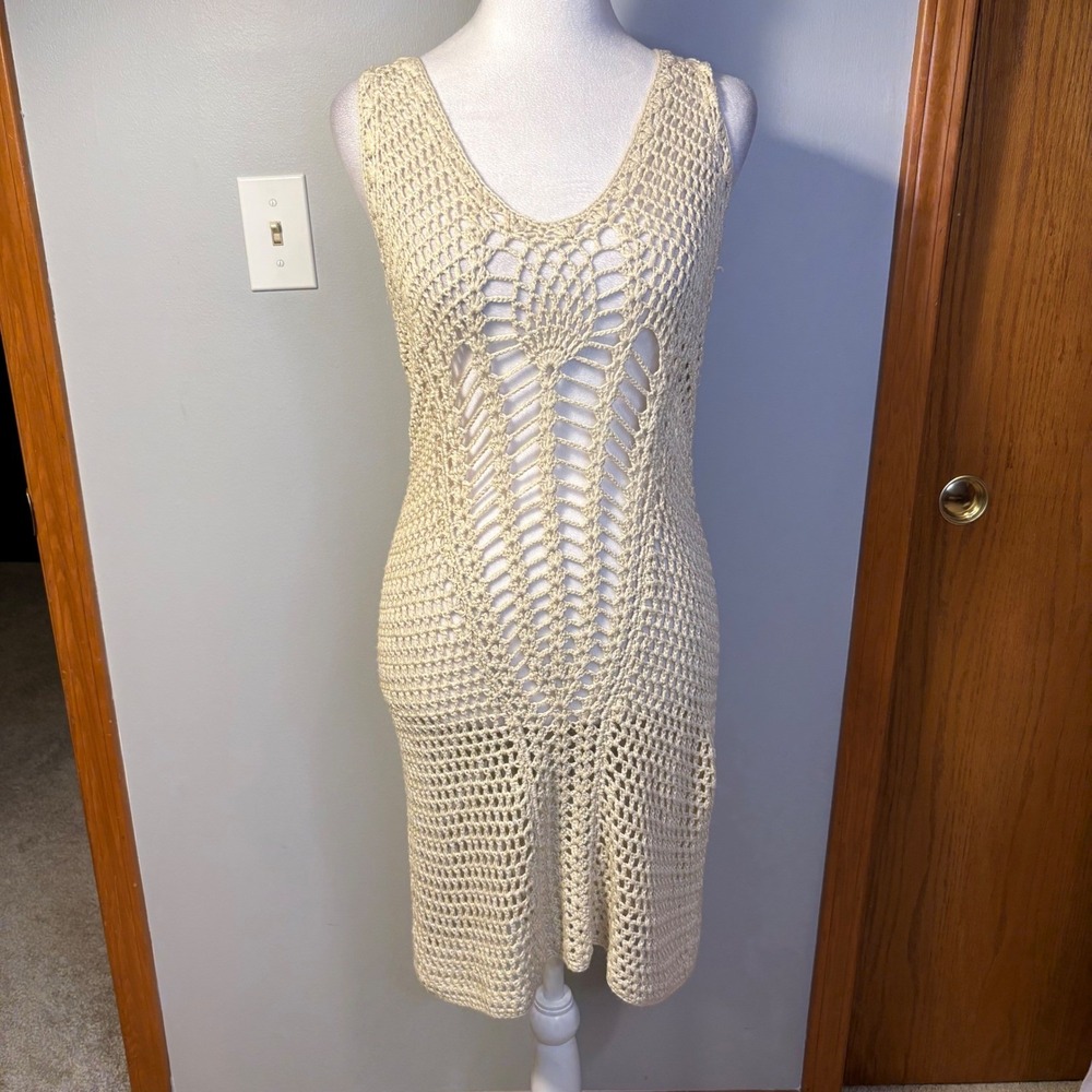 ZARA KNIT Crochet‎ Knit Midi bohemian swim cover Cream Sleeveless V Neck Sheer
